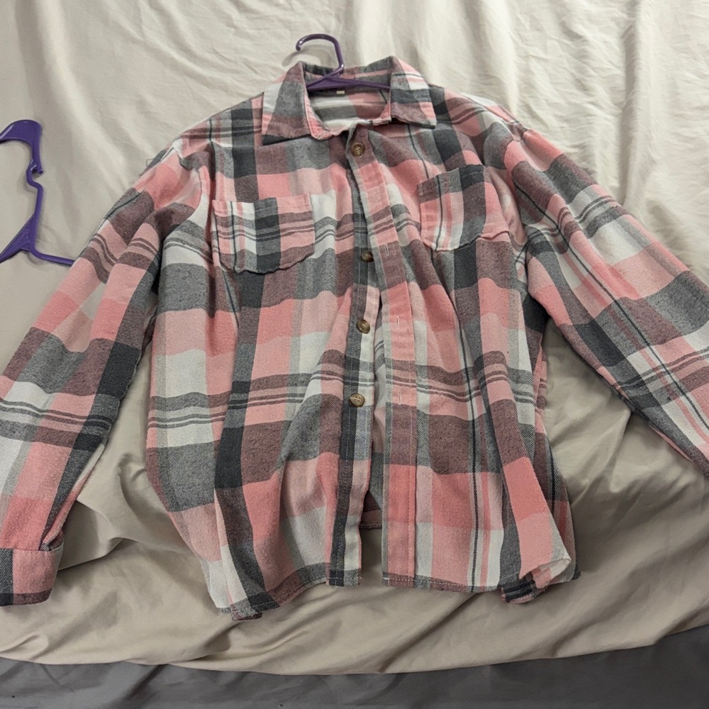 Pink and Gray Plaid Button-Up Shirt